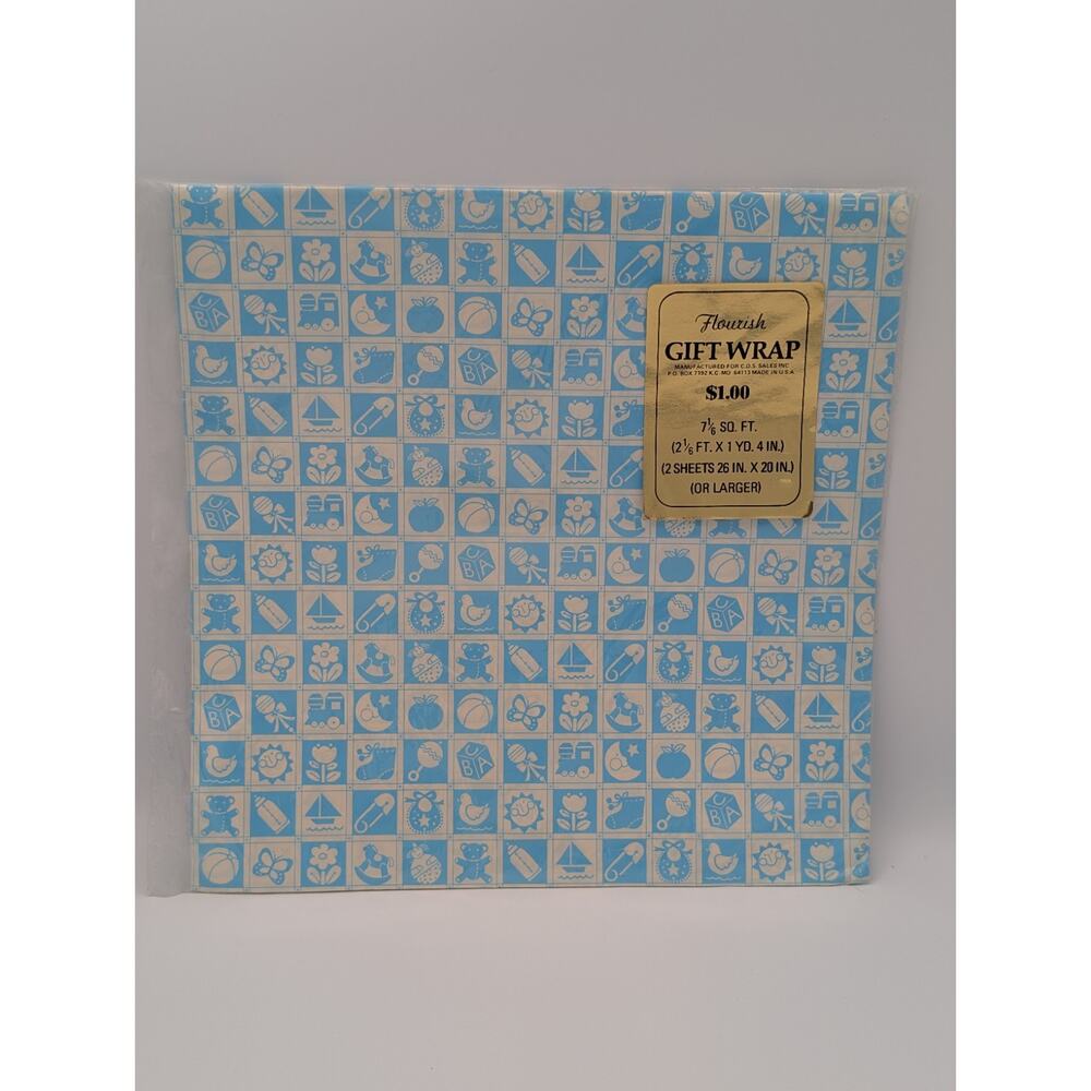 Vintage Flourish Gift Wrap Baby Blue White 2 Sheets 26x20 Paper New Old Stock